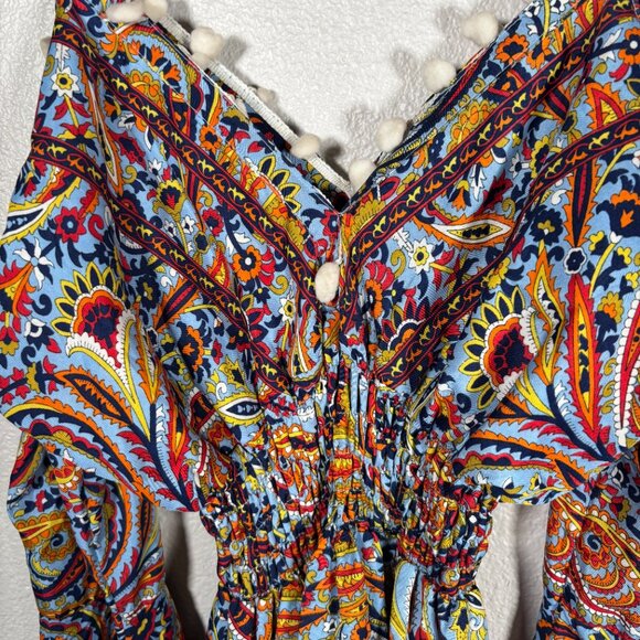 Womens Multicolor Paisley Print Cold Shoulder Long Sleeve Tassel Hem Midi Dress - Picture 5 of 9